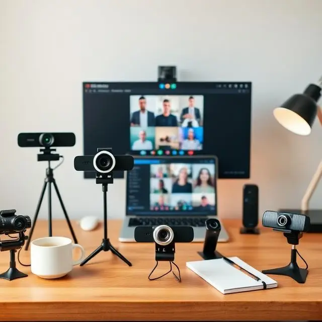 Top 5 webcams for work from home in India in 2025 with tripods, ring lights, and monitors on a home office desk