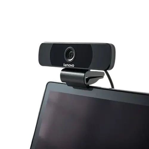 Budget webcams on a wooden desk for work from home setup in India – clip-on, tripod, and square webcam models