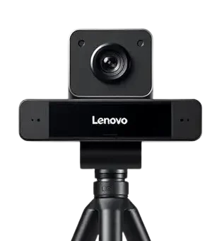Lenovo 300 FHD Webcam mounted on a tripod – compact full HD webcam for video calls and remote work