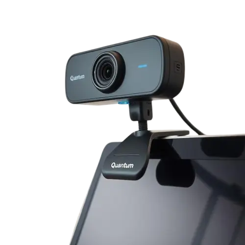 Budget webcams on a wooden desk for work from home setup in India – clip-on, tripod, and square webcam models
