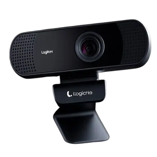 Logitech Brio Ultra HD Pro 4K Webcam mounted on a desktop monitor in a modern home office setup.